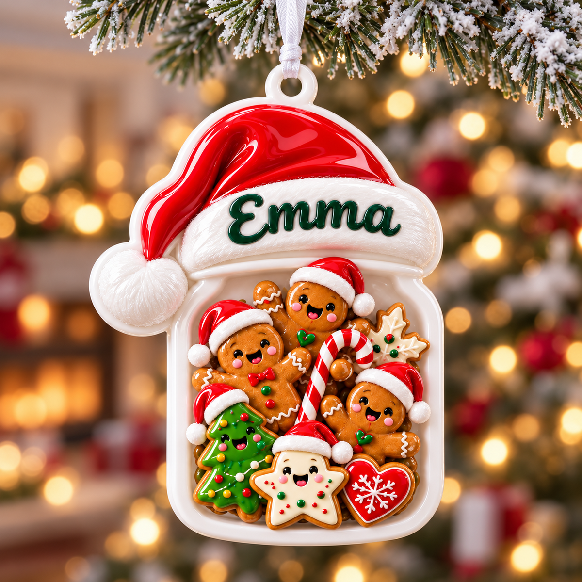 Gingerbread Cookie Jar with Santa Hat Holiday Hanging Keepsake - 3D Relief Ornament