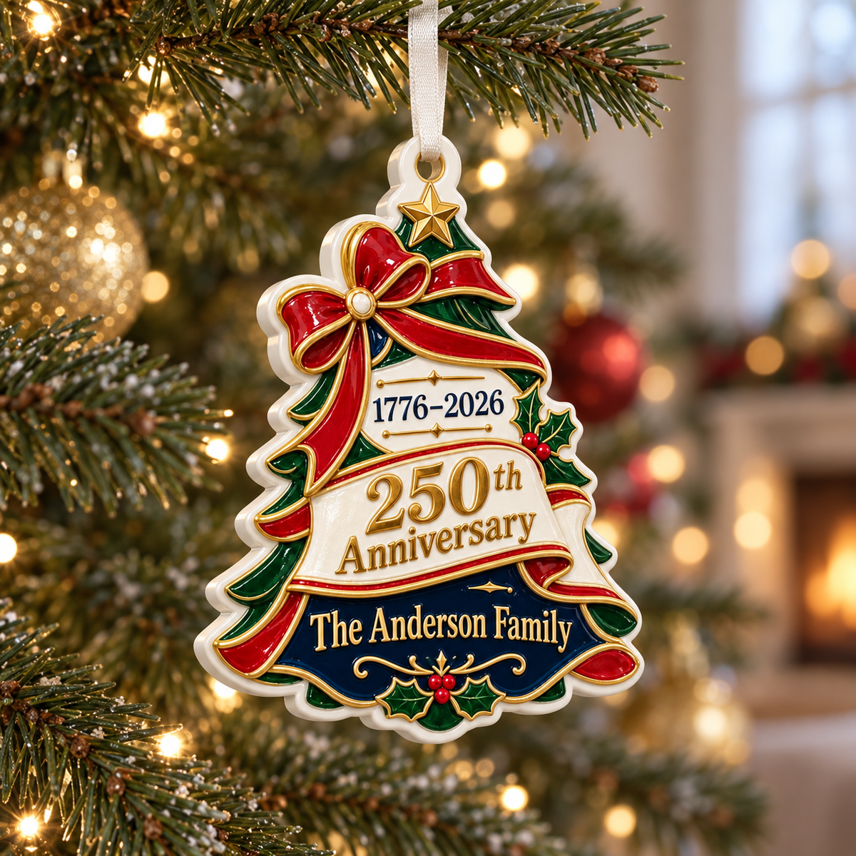 America 250th Anniversary 1776-2026 Christmas Tree Holiday Keepsake - 3D Relief Ornament
