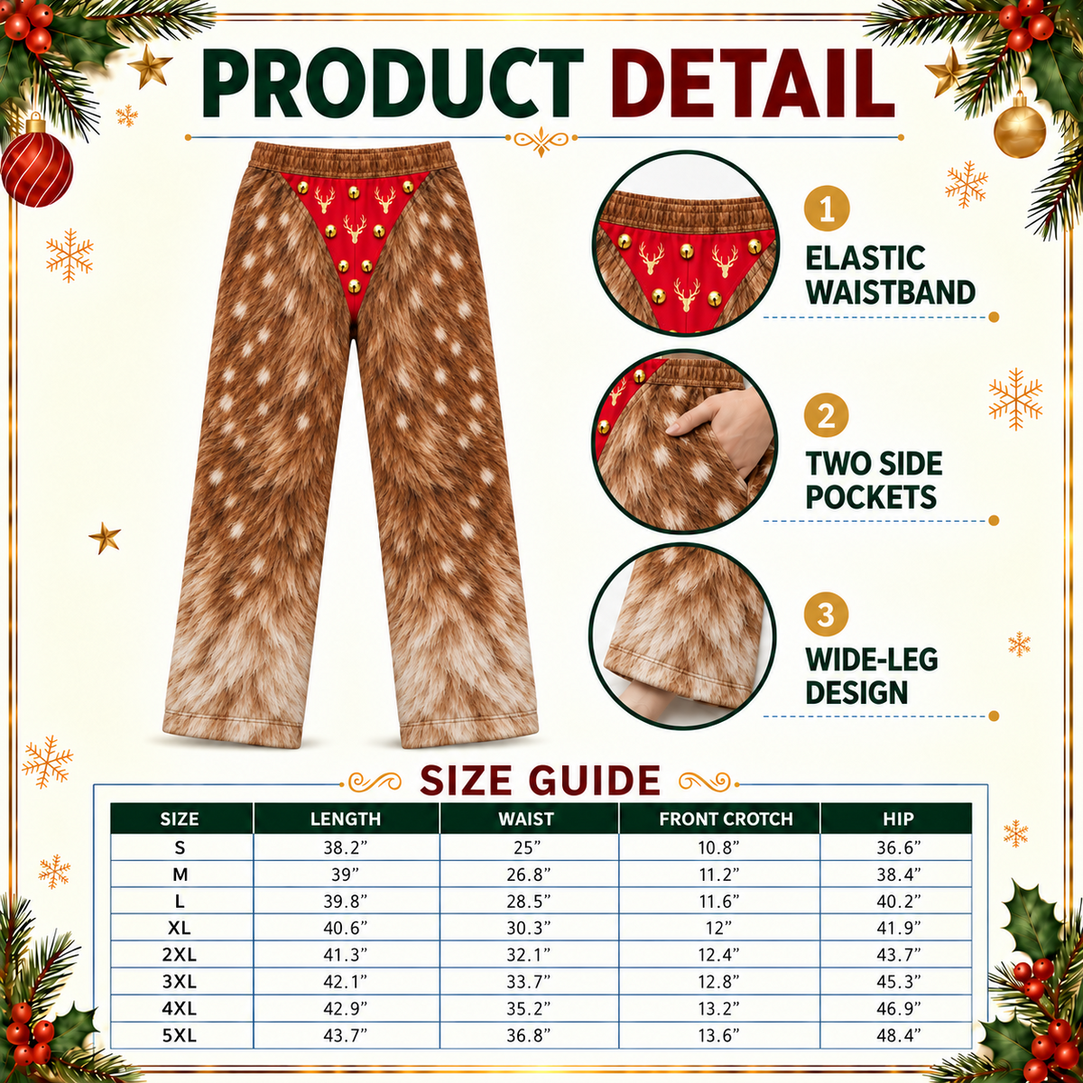 Mens Novelty Christmas Pajama Pants Faux Fur Print Holiday Loungewear