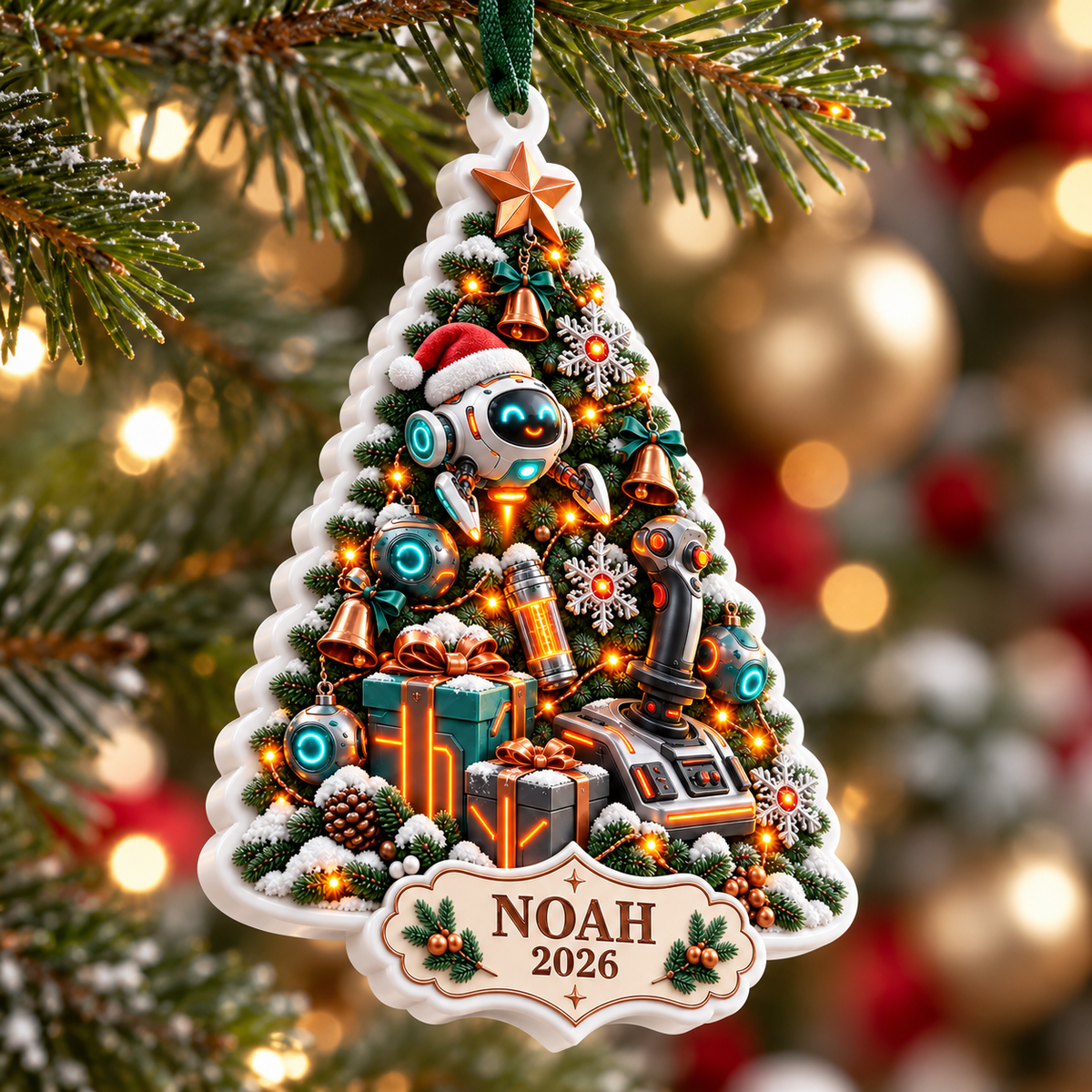 Gamer Christmas Tree Holiday Hanging Keepsake with Robot and Joystick - 3D Relief Ornament
