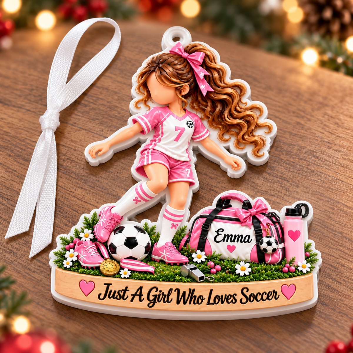 Pink Soccer Player Girl Acrylic Hanging Holiday Keepsake - 3D Relief Ornament