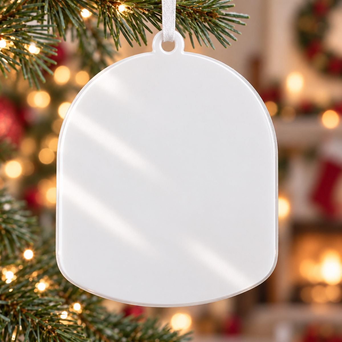 Glossy White Arched Acrylic Christmas Tree Hanging Plaque with Ribbon - 3D Relief Ornament