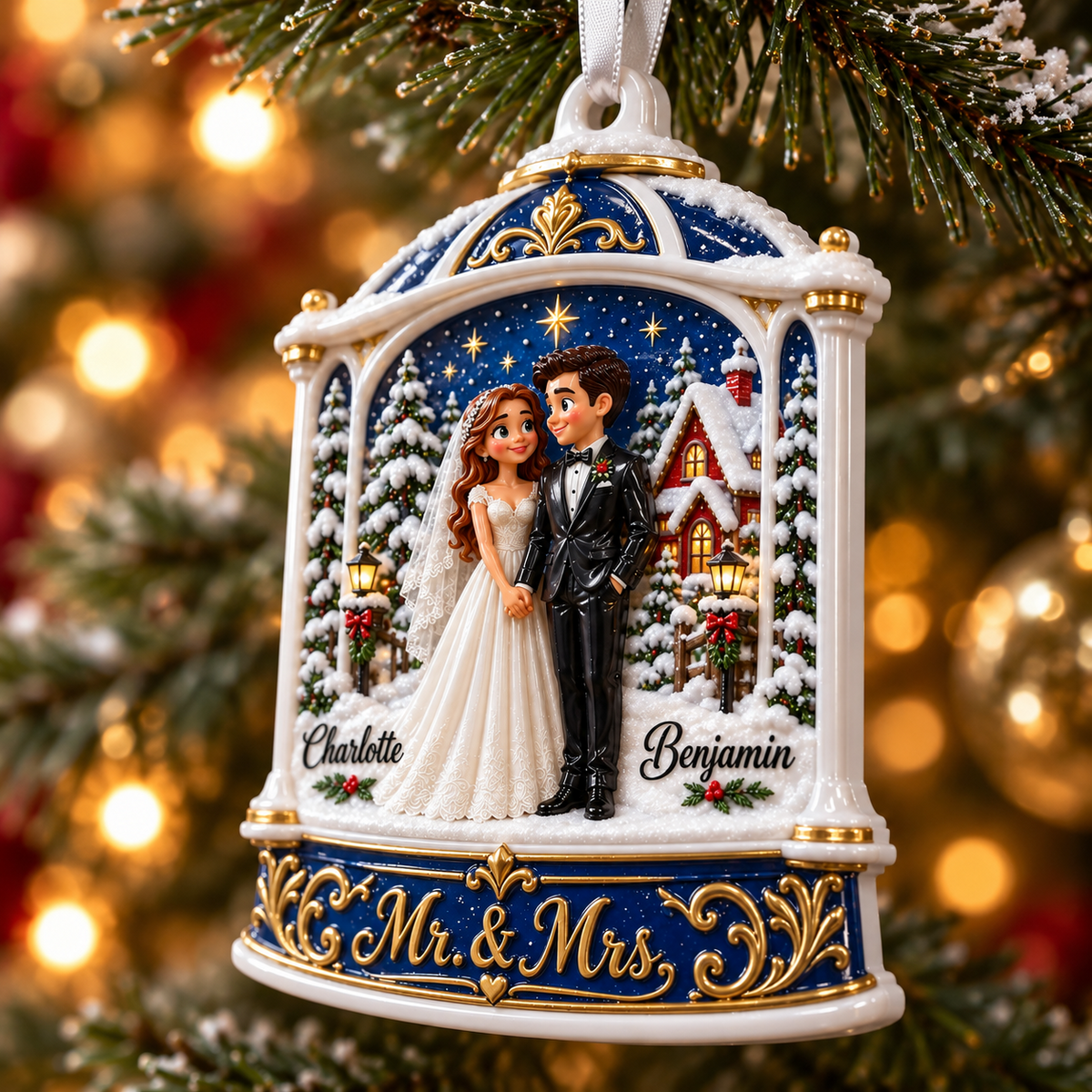 Winter Wedding Couple Mr and Mrs Blue Bell Christmas Tree Keepsake - 3D Relief Ornament