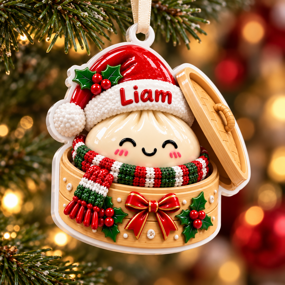 Steamed Dumpling in Bamboo Basket Christmas Tree Hanging Accent - 3D Relief Ornament