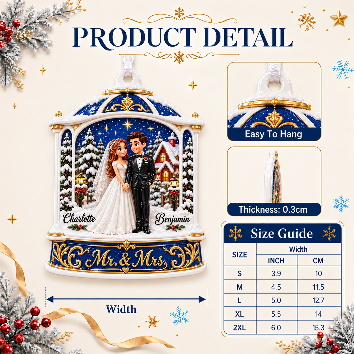 Winter Wedding Couple Mr and Mrs Blue Bell Christmas Tree Keepsake - 3D Relief Ornament