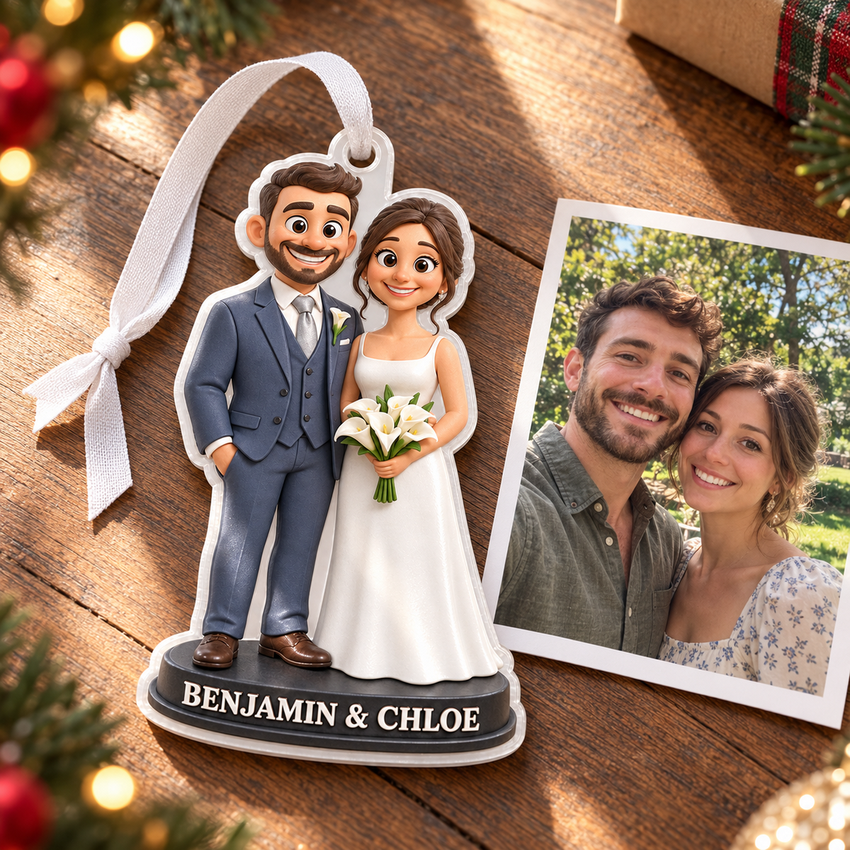 Bride and Groom Wedding Couple Acrylic Hanging Holiday Keepsake - 3D Relief Ornament