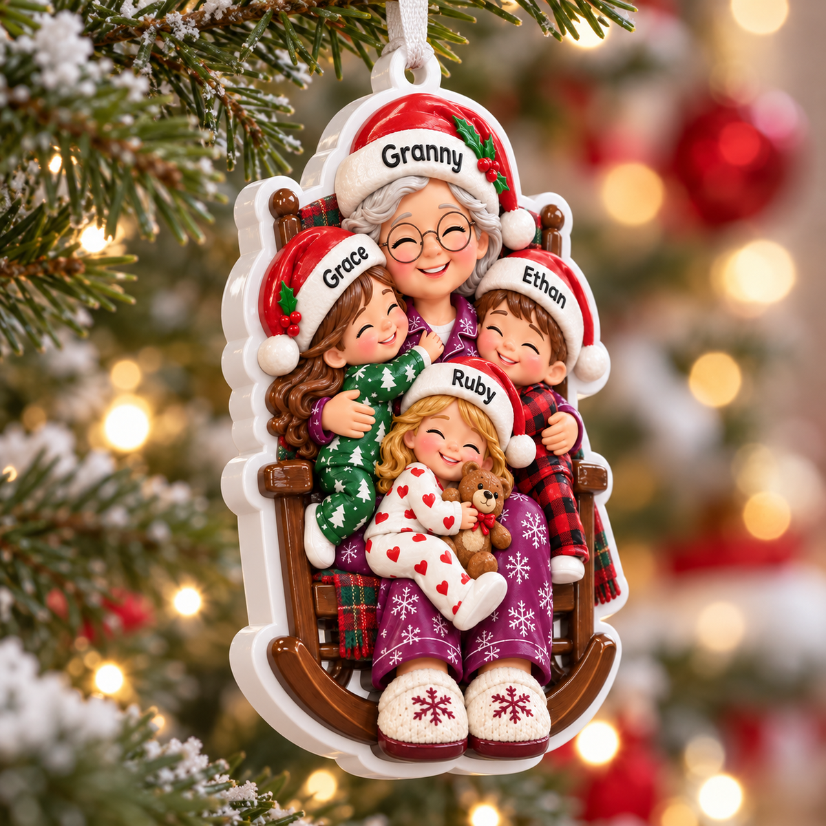 Grandmother with Grandchildren in Rocking Chair Holiday Keepsake - 3D Relief Ornament