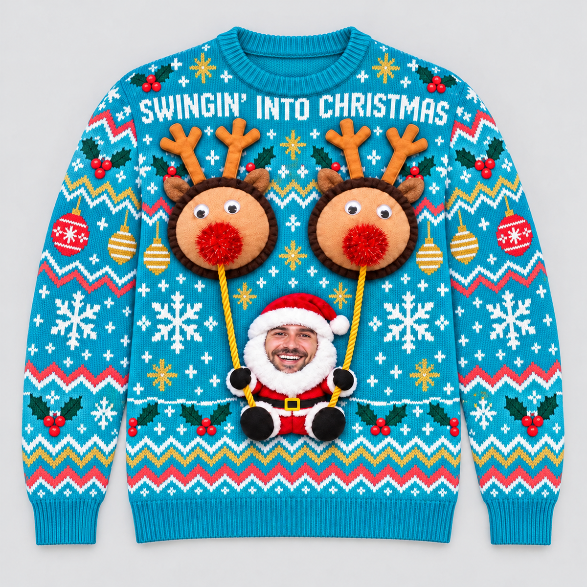 Ugly Christmas Sweater Swingin Reindeer Santa Long Sleeve Knit Top
