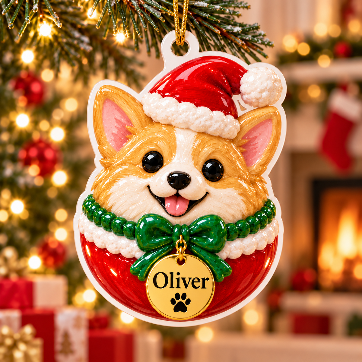 Corgi Dog in Santa Hat Christmas Tree Bauble Hanging Acrylic Keepsake - 3D Relief Ornament