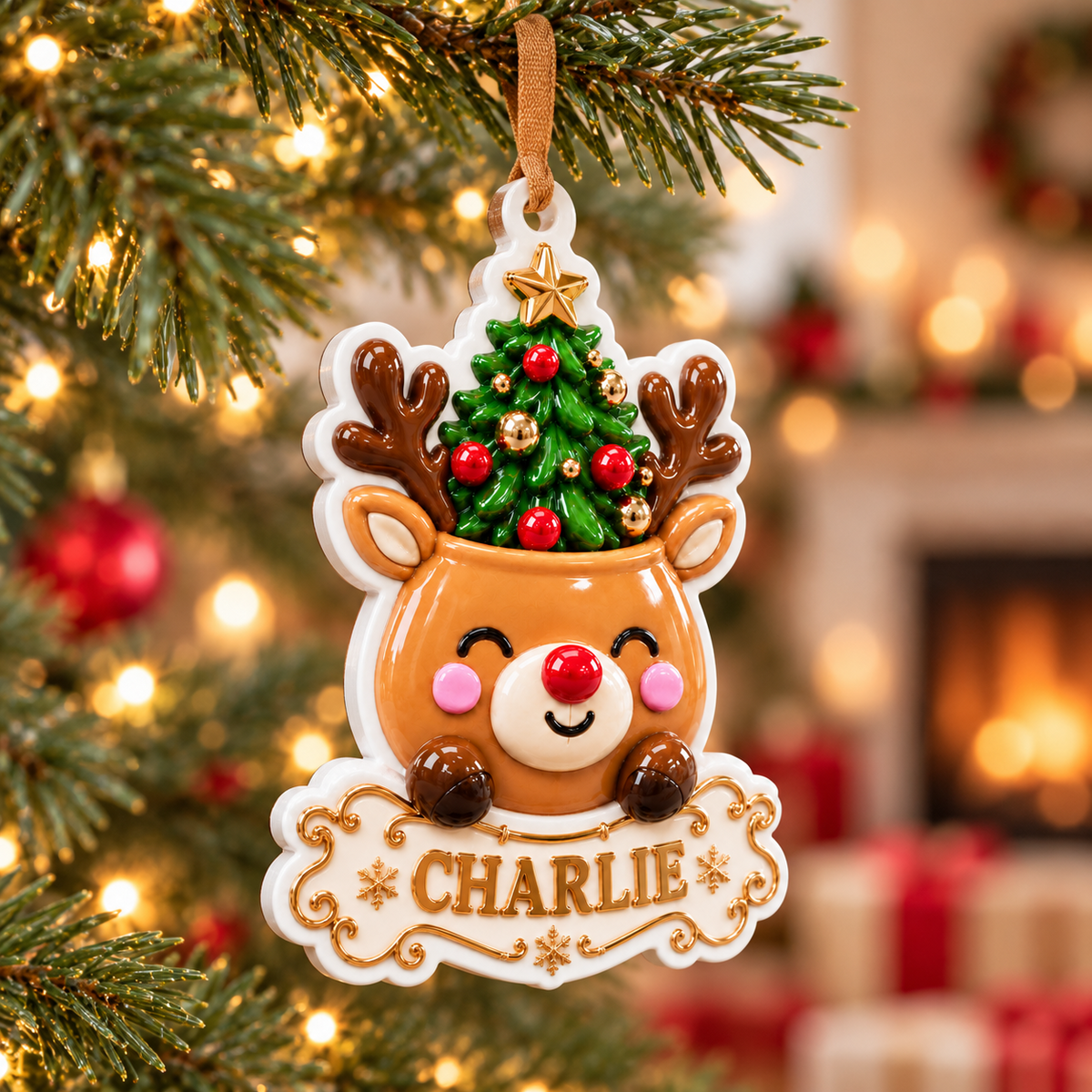 White Ceramic Scalloped Crest Holiday Tree Hanging Decoration - 3D Relief Ornament