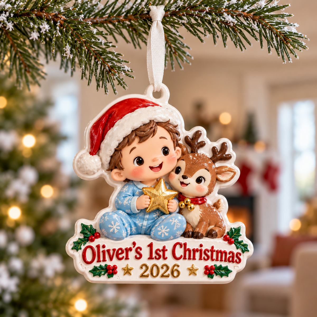 Baby Boy First Christmas Keepsake with Reindeer and Santa Hat - 3D Relief Ornament