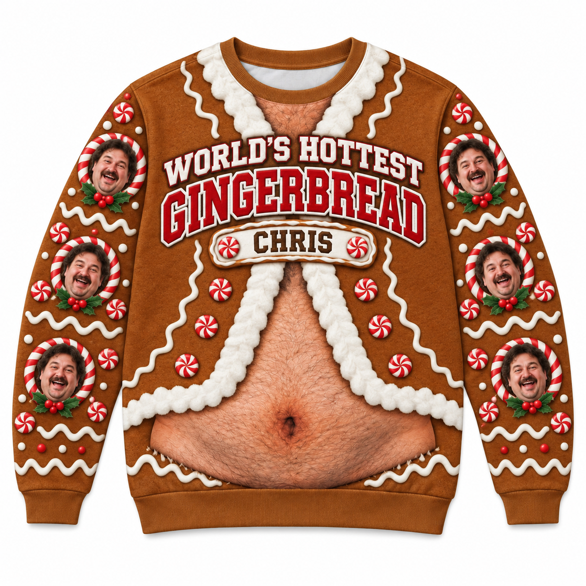 Funny Christmas Sweatshirt Hairy Belly Print Holiday Crewneck