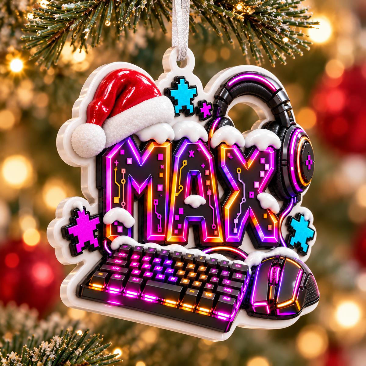 Video Gaming Santa Hat with Keyboard and Headset Christmas Holiday Decoration - 3D Relief Ornament