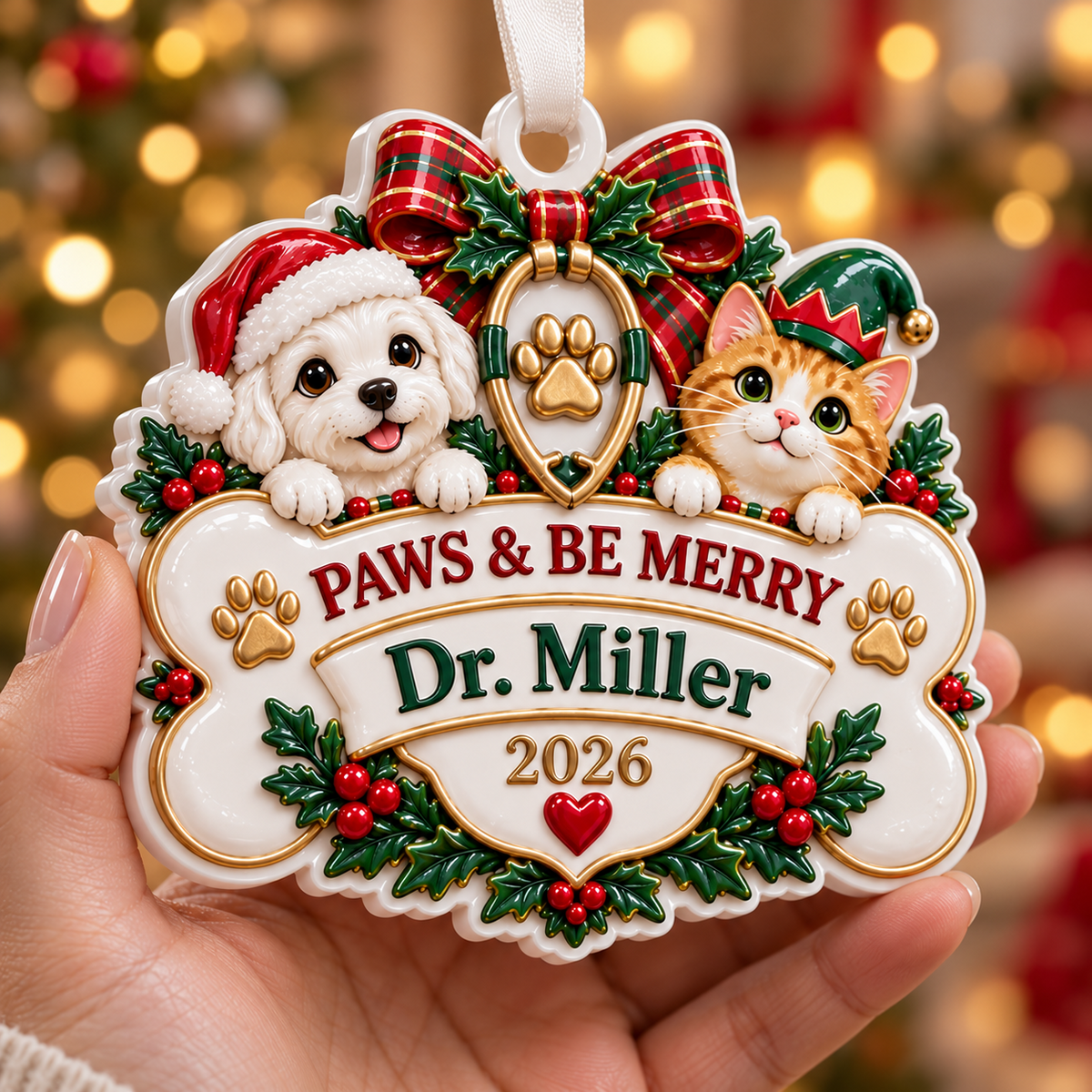 Veterinary Dog and Cat Bone Plaque Holiday Hanging Keepsake - 3D Relief Ornament