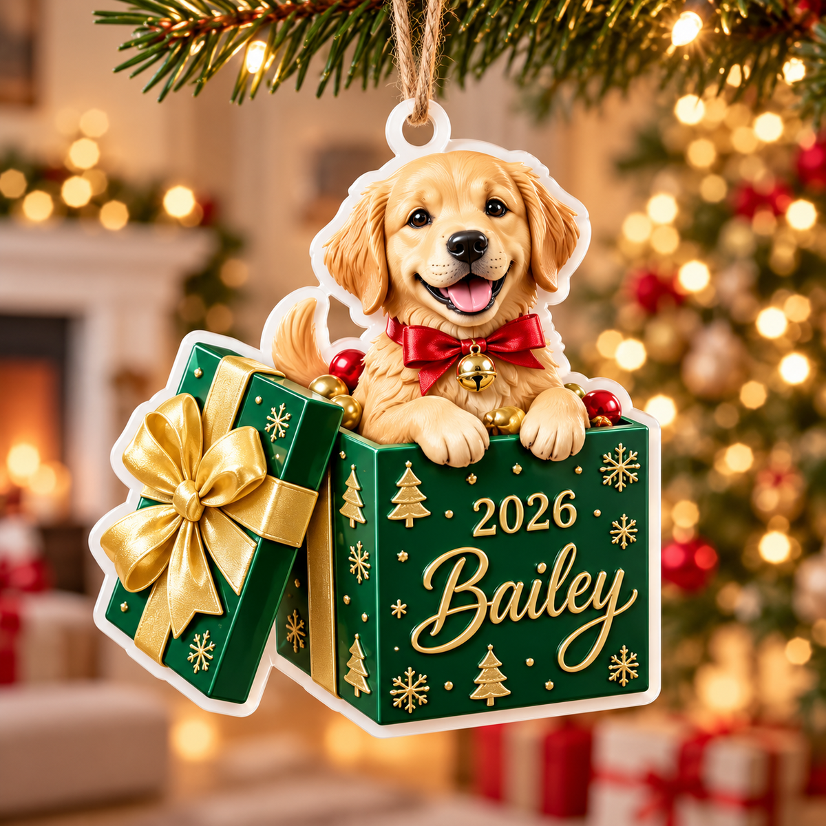Golden Retriever Puppy in Christmas Gift Box Acrylic Tree Pendant - 3D Relief Ornament
