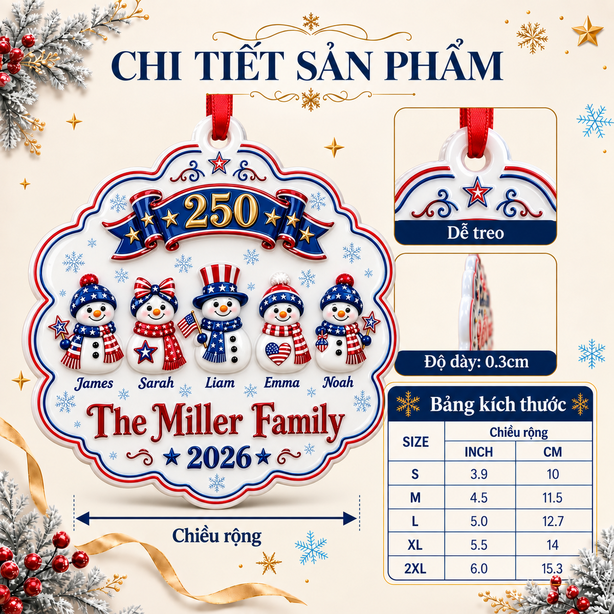 Patriotic Snowman Family of 5 America 250th Scalloped Christmas Hanging Keepsake - 3D Relief Ornament
