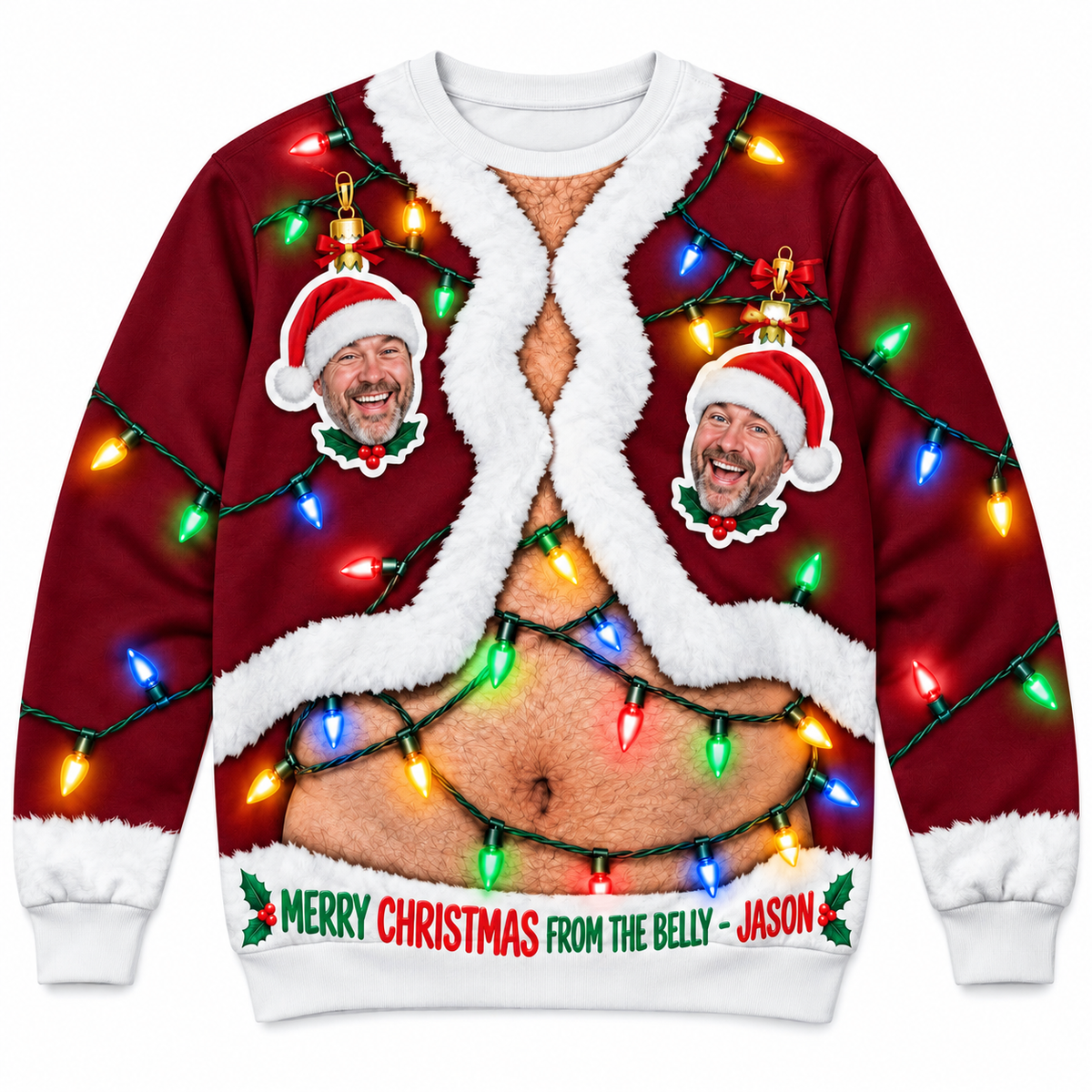 Ugly Christmas Sweatshirt Funny Hairy Belly String Lights Pullover