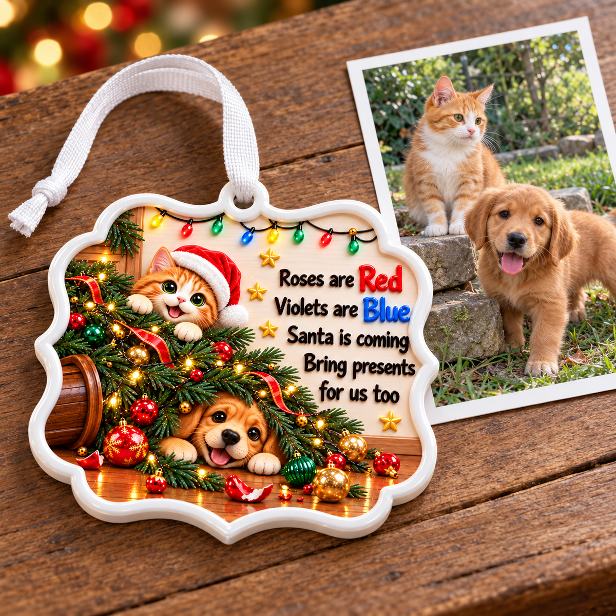 Holiday Pet Plaque Featuring Cat and Dog in Fallen Christmas Tree - 3D Relief Ornament