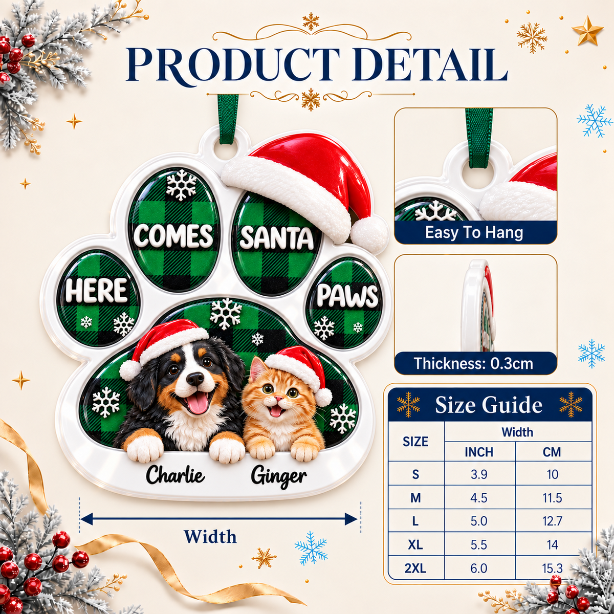 Paw Shape Christmas Tree Hanging Decoration with Dog and Cat Green Plaid - 3D Relief Ornament