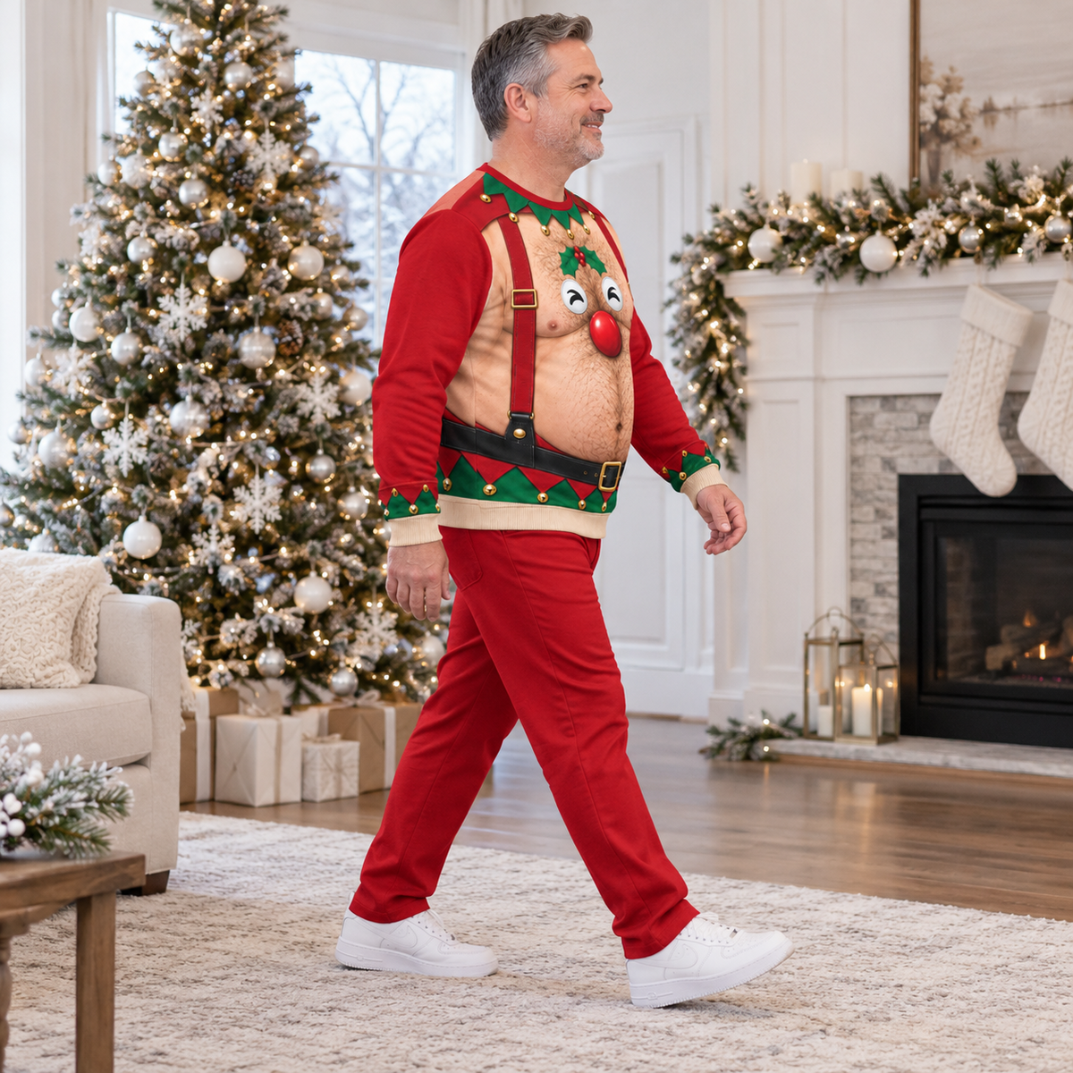 Christmas Sweatshirt Hairy Chest Reindeer Suspenders Pullover