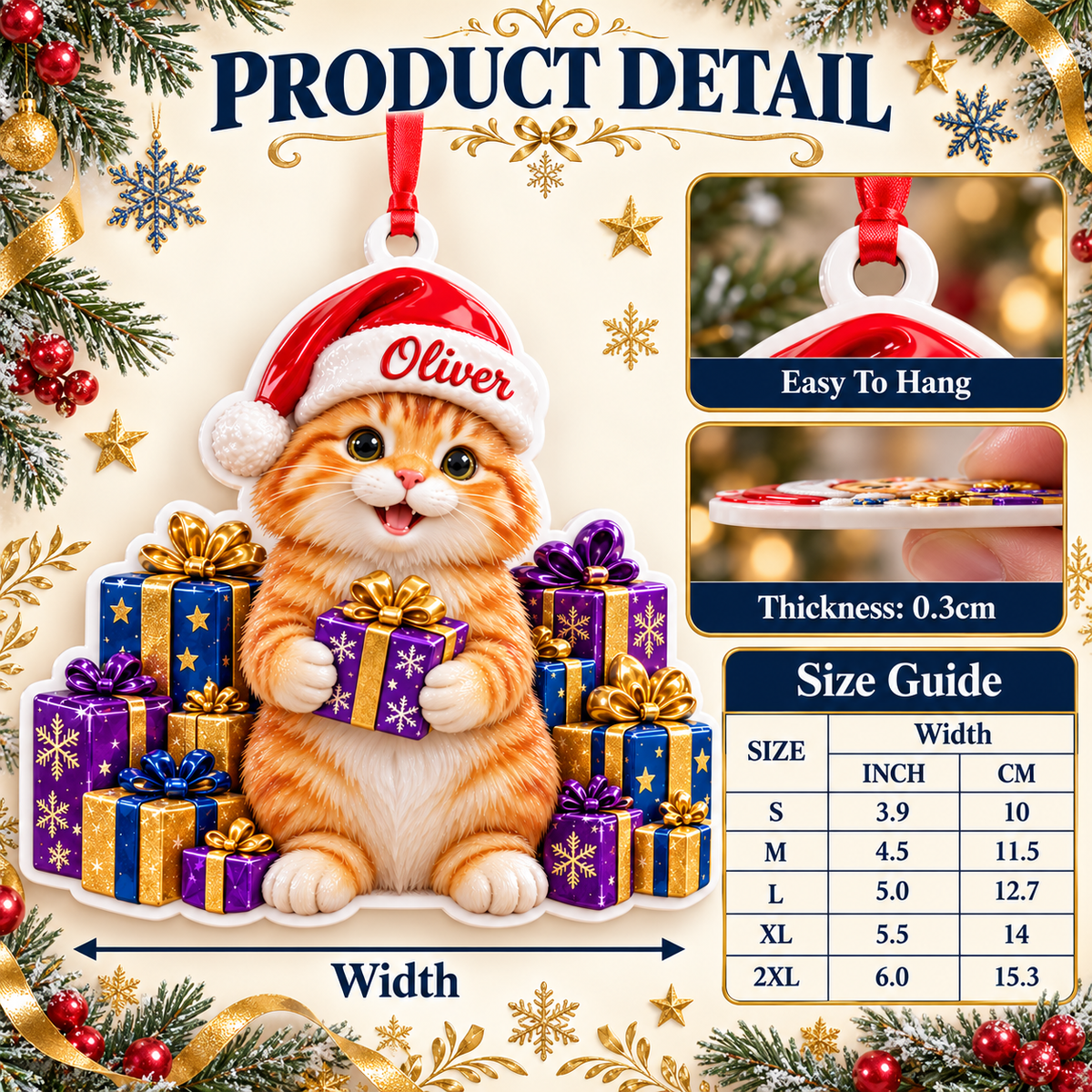 Ginger Cat in Santa Hat with Christmas Gift Boxes Acrylic Hanging Tree Decoration - 3D Relief Ornament