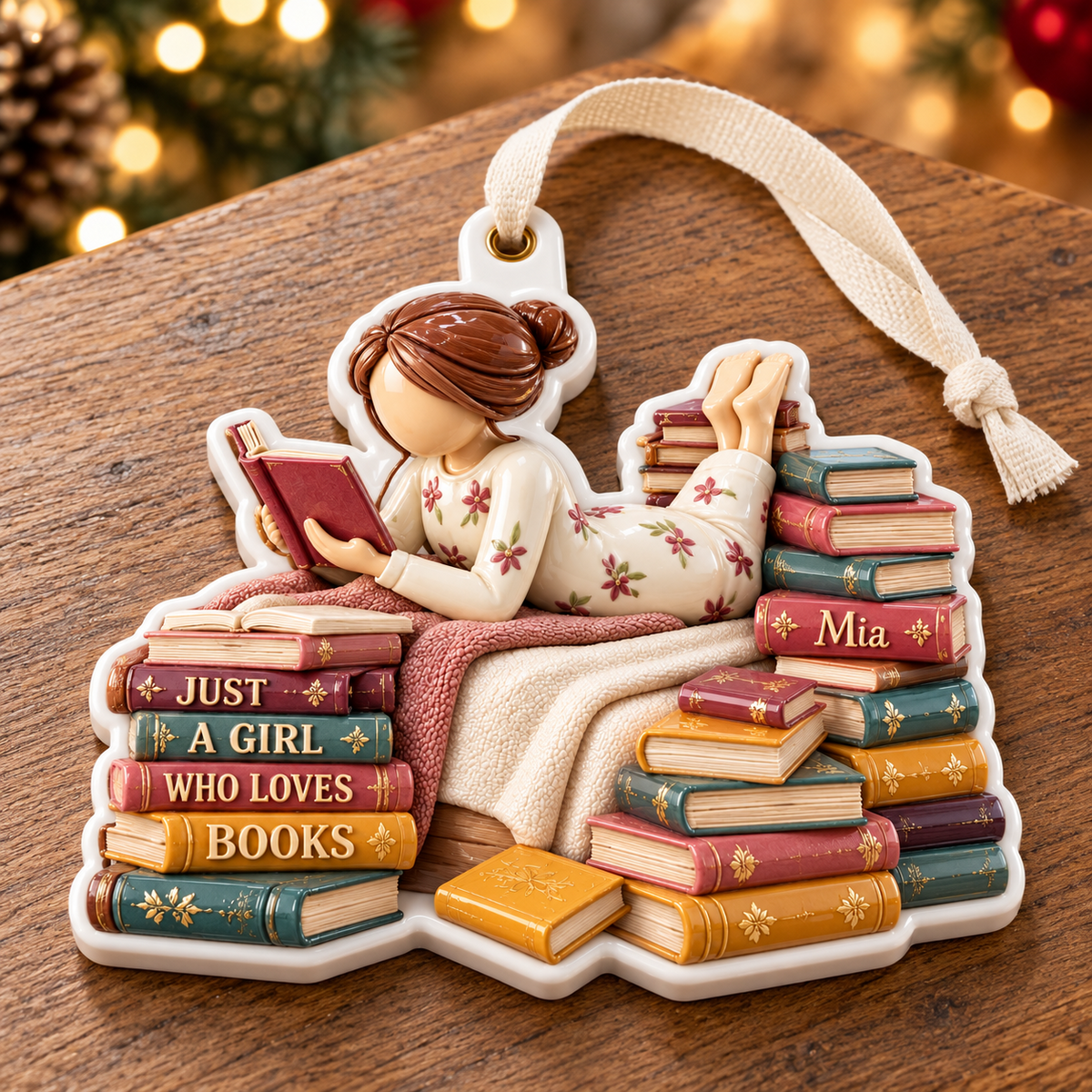 Girl Reading on Bed with Book Stacks Hanging Keepsake - 3D Relief Ornament