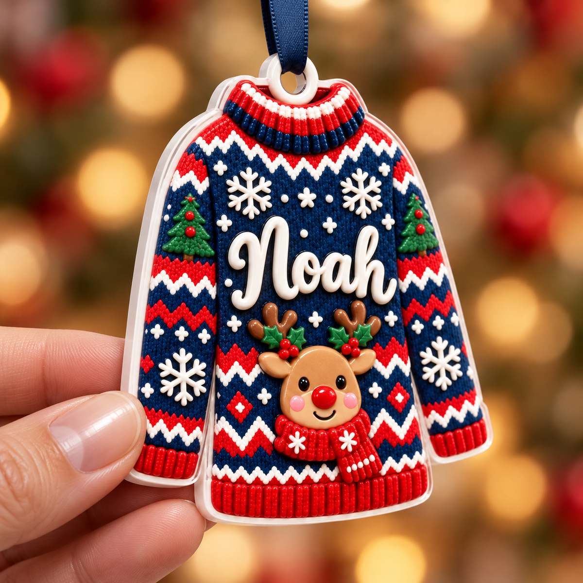 Ugly Christmas Sweater Reindeer Pattern Acrylic Holiday Keepsake - 3D Relief Ornament