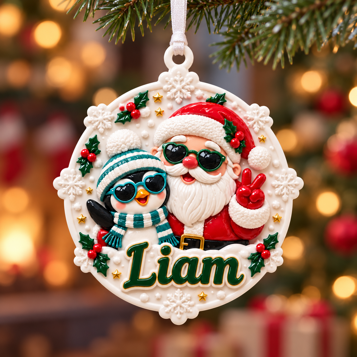 Santa Claus and Penguin Snowflake Holiday Medallion - 3D Relief Ornament