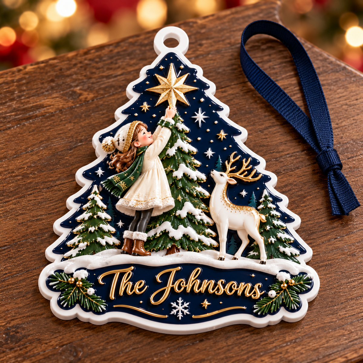 Winter Forest Girl and Deer Christmas Tree Plaque Holiday Keepsake - 3D Relief Ornament