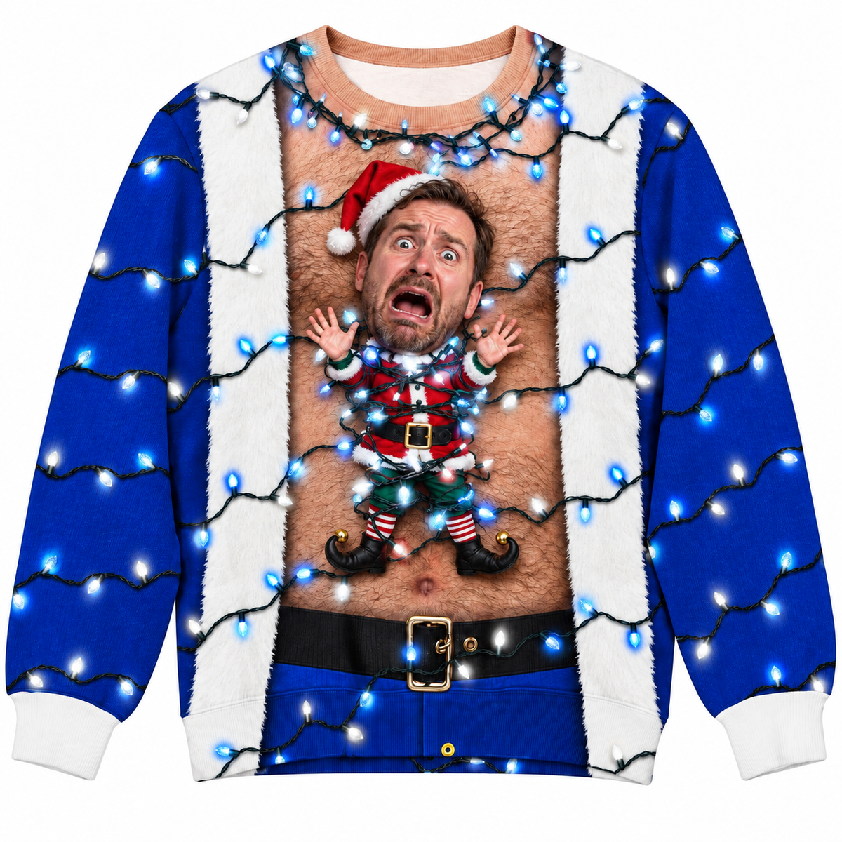 Ugly Christmas Sweatshirt with Hairy Chest and Holiday Elf Graphic