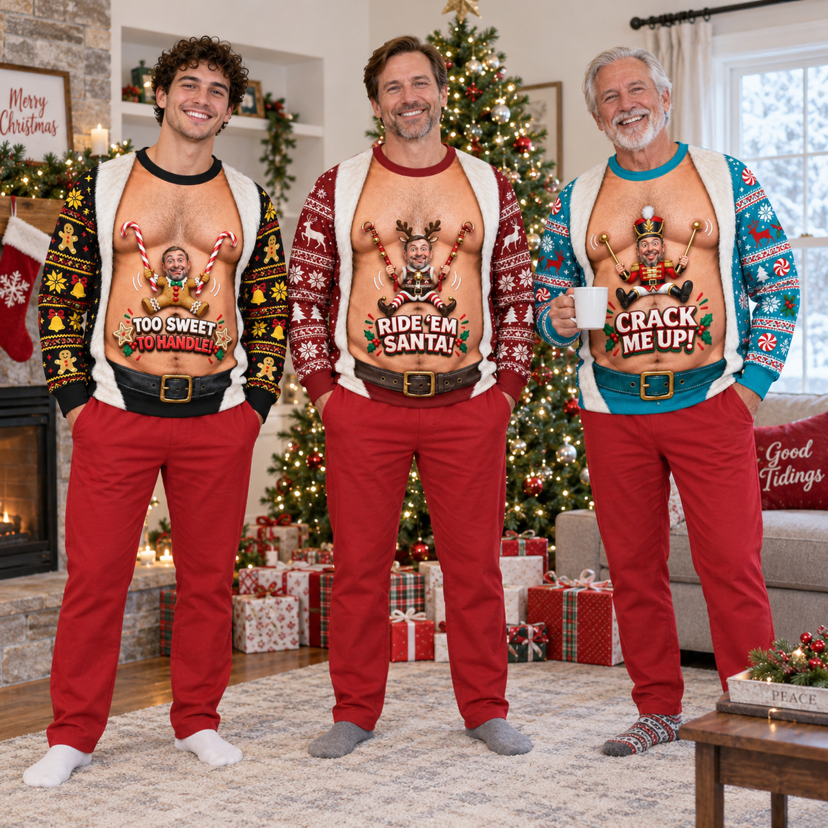 Funny Christmas Sweatshirt Faux Hairy Chest Holiday Graphic Crewneck