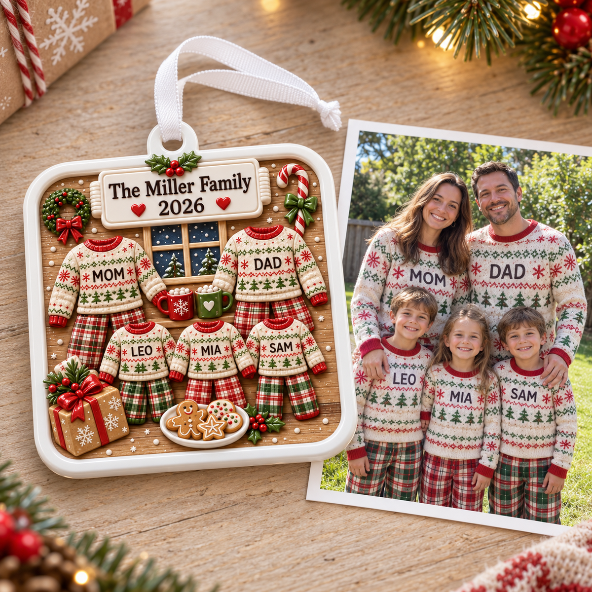 Family Christmas Pajamas Plaque with Sweaters and Cookies Holiday Keepsake - 3D Relief Ornament