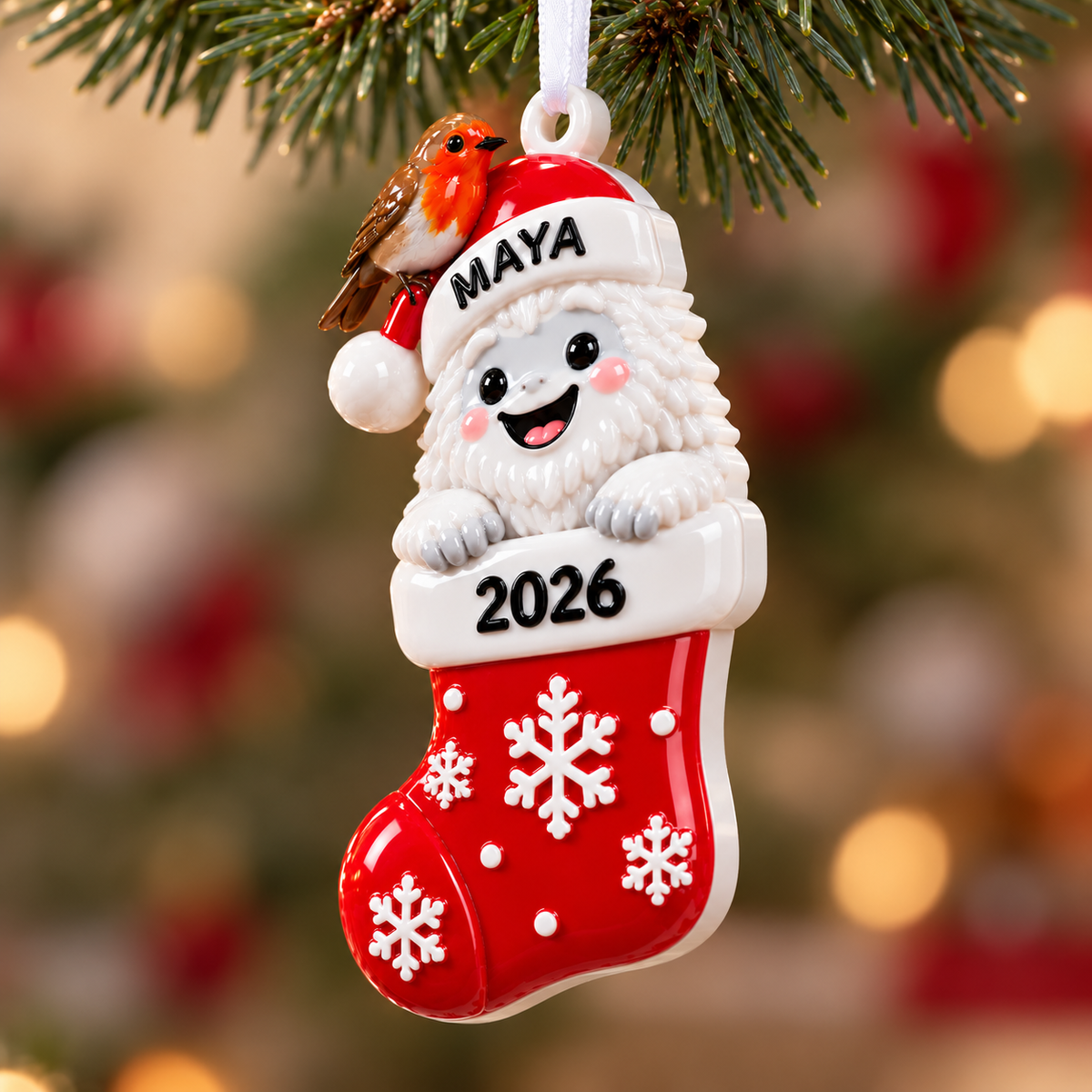 Christmas Yeti in Stocking with Robin Hanging Holiday Decor - 3D Relief Ornament