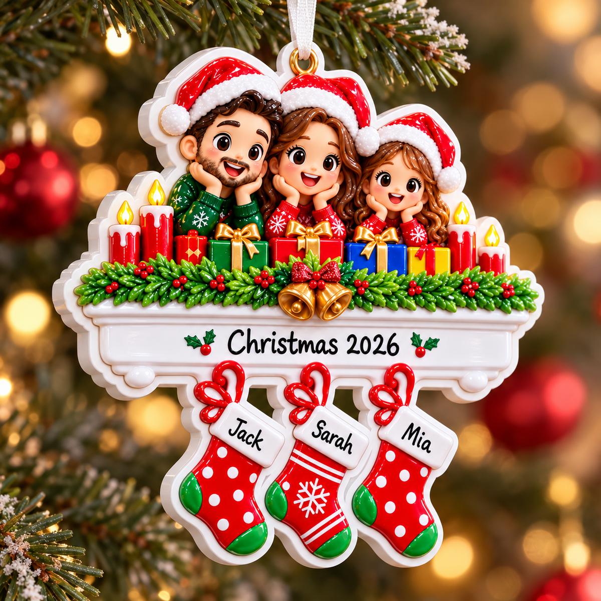 Family of 3 Christmas Fireplace Stockings Holiday Tree Decoration - 3D Relief Ornament