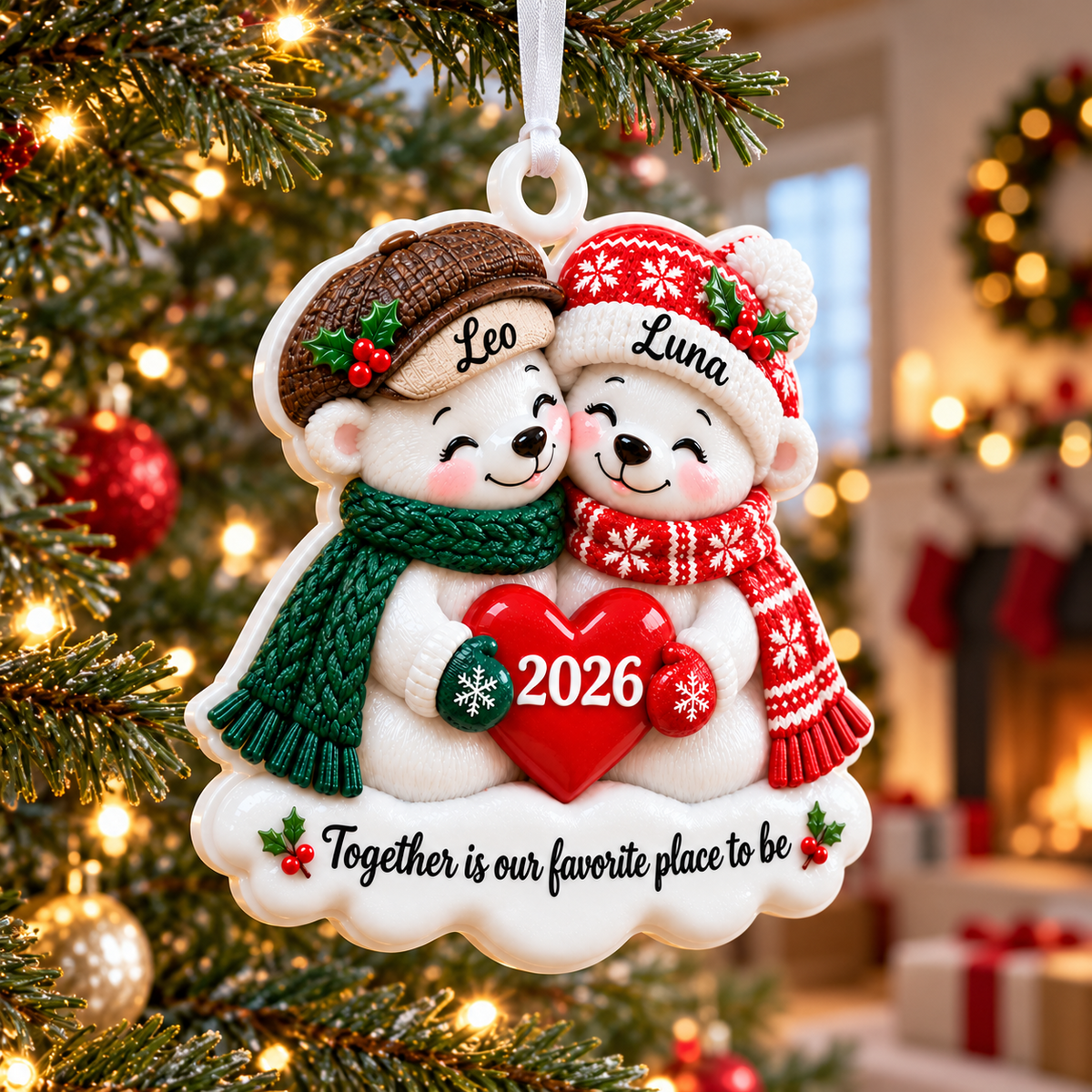 Couple Polar Bears Holding Red Heart Winter Holiday Keepsake - 3D Relief Ornament
