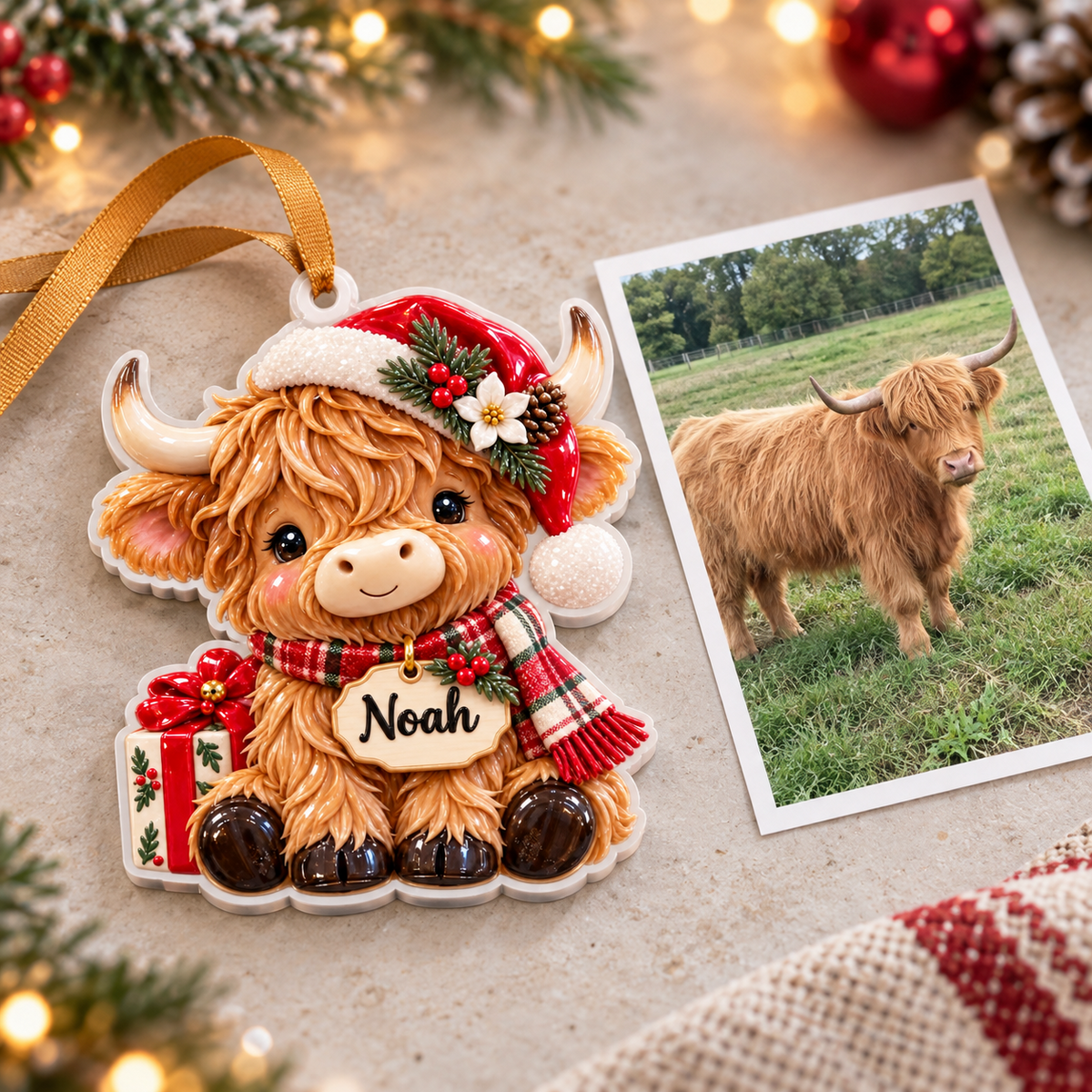 Baby Highland Cow with Santa Hat and Scarf Acrylic Christmas Tree Hanging Decor - 3D Relief Ornament