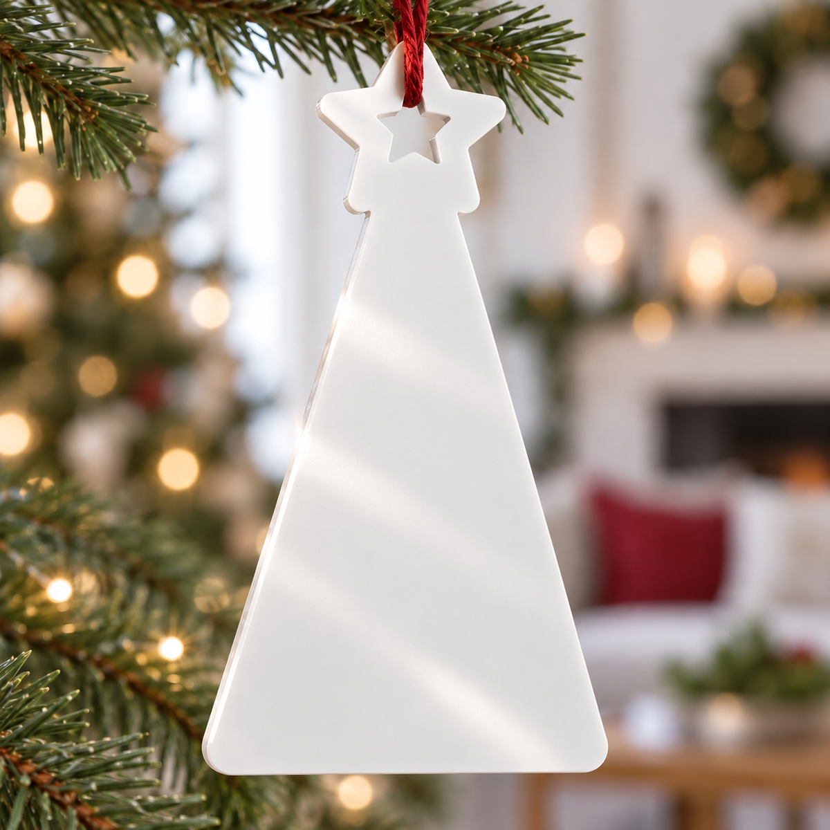 Family Christmas Tree Holiday Hanging Decoration, Red and White Star - 3D Relief Ornament