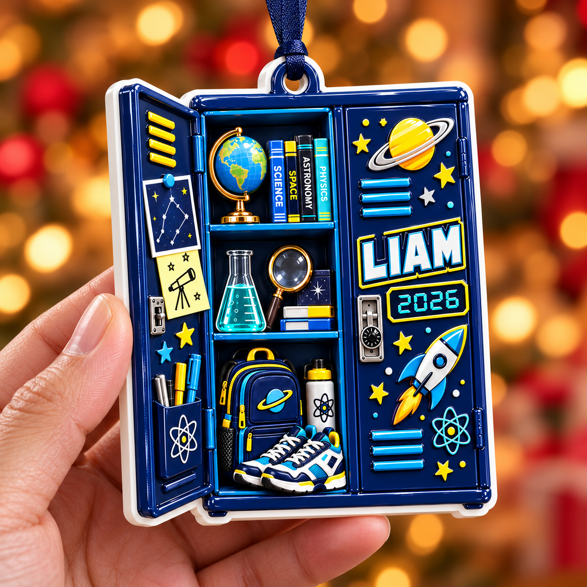Blue School Locker Astronomy Science Theme Hanging Keepsake - 3D Relief Ornament