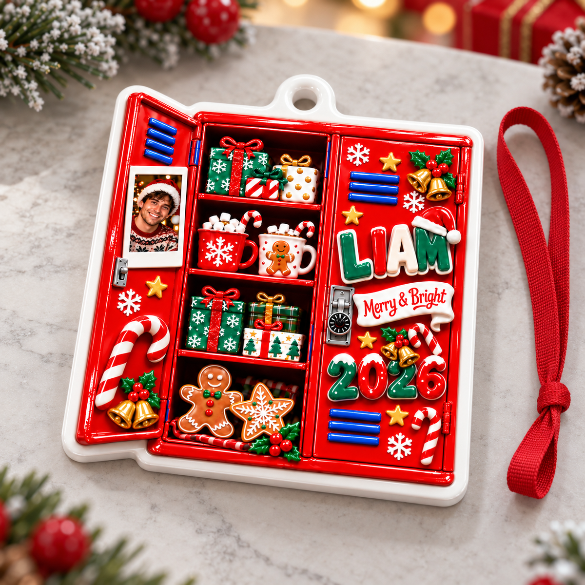 School Locker Holiday Keepsake with Christmas Treats and Gifts Decor - 3D Relief Ornament