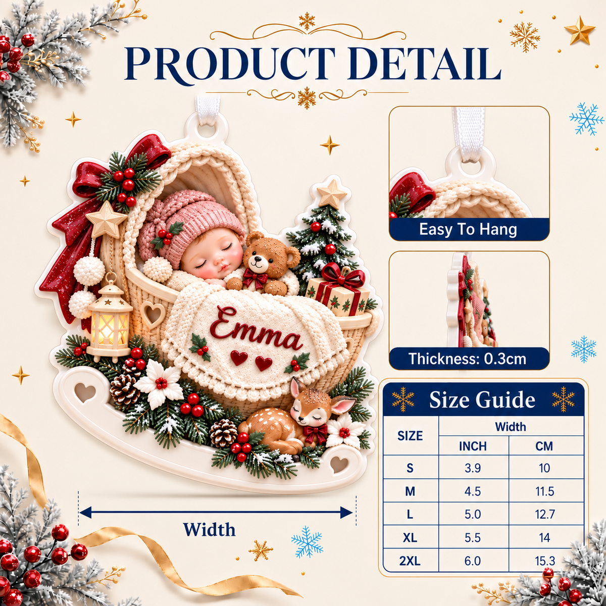 Sleeping Baby in Rocking Cradle with Woodland Fawn and Pine Accents - 3D Relief Ornament