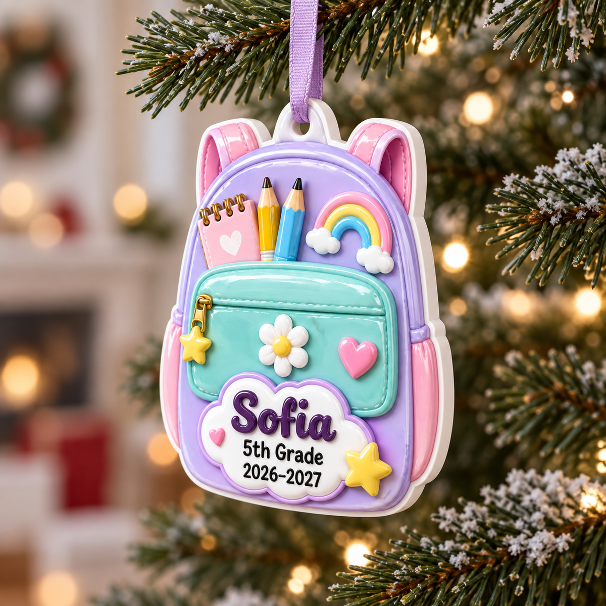 School Backpack Student Keepsake with Pastel Supplies and Rainbow - 3D Relief Ornament