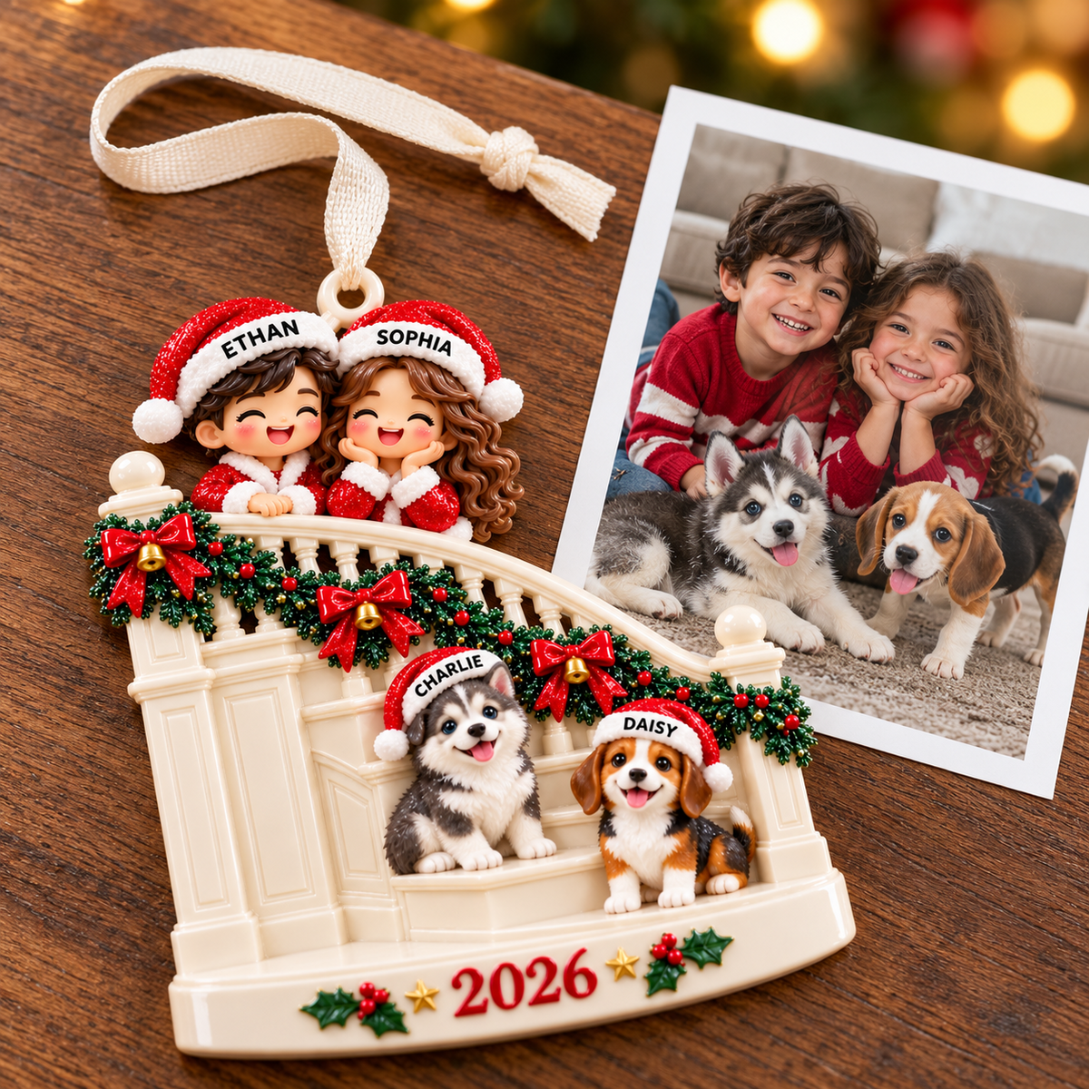 Family Couple with Two Dogs on Christmas Staircase Holiday Keepsake - 3D Relief Ornament