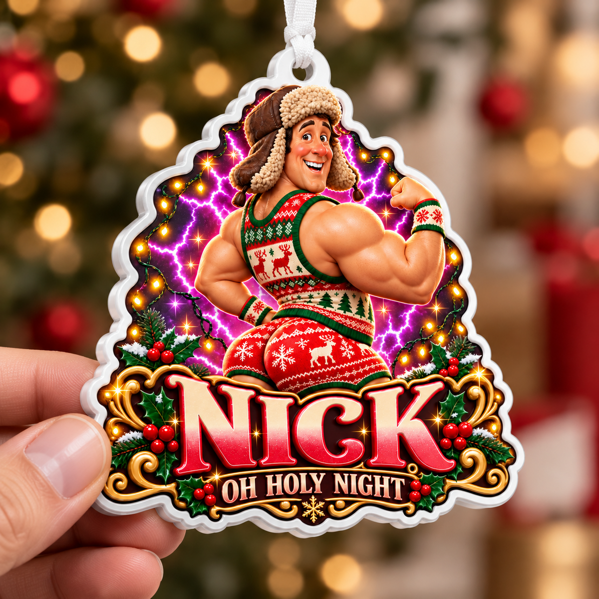 Humorous Muscular Man in Holiday Romper Acrylic Tree Hanging - 3D Relief Ornament