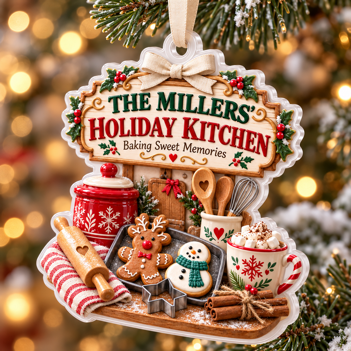 Holiday Kitchen Gingerbread Baking Scene Acrylic Hanging Tree Bauble - 3D Relief Ornament
