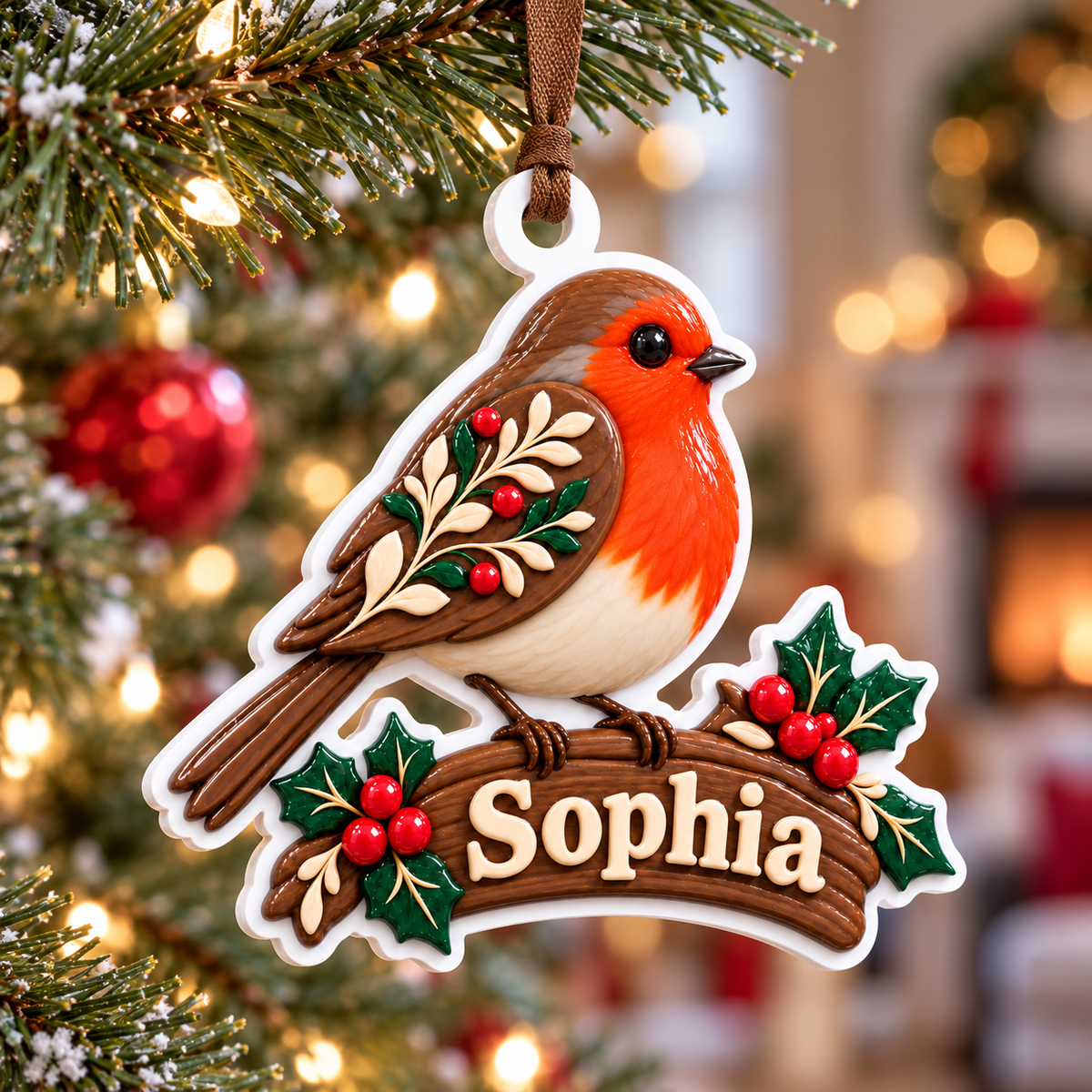 Robin Redbreast on Holly Branch Acrylic Hanging Holiday Keepsake - 3D Relief Ornament