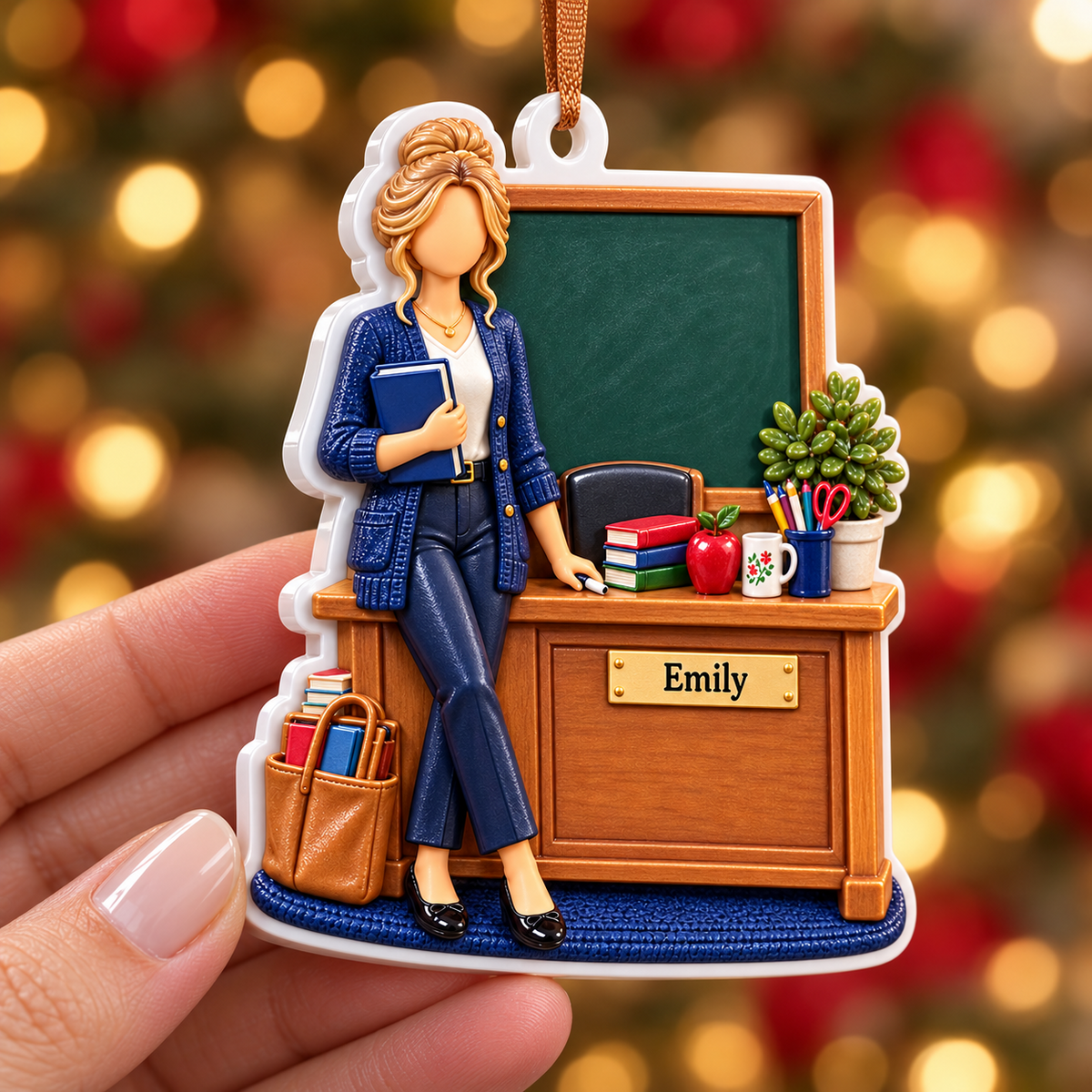 Female Teacher at Classroom Desk with Blackboard and Books Holiday Decor - 3D Relief Ornament