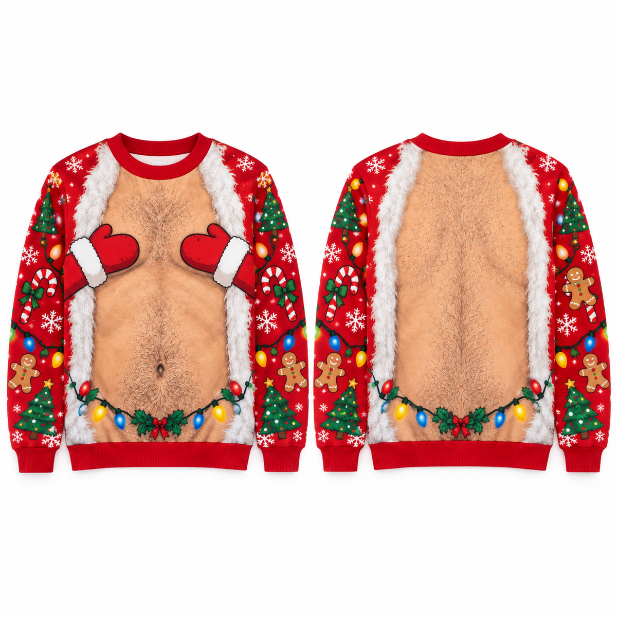 Funny Christmas Sweatshirt Hairy Chest Mitten Lights Ugly Sweater