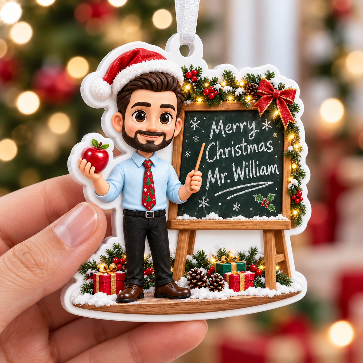 Male Teacher Chalkboard Holiday Acrylic Hanging Decoration - 3D Relief Ornament