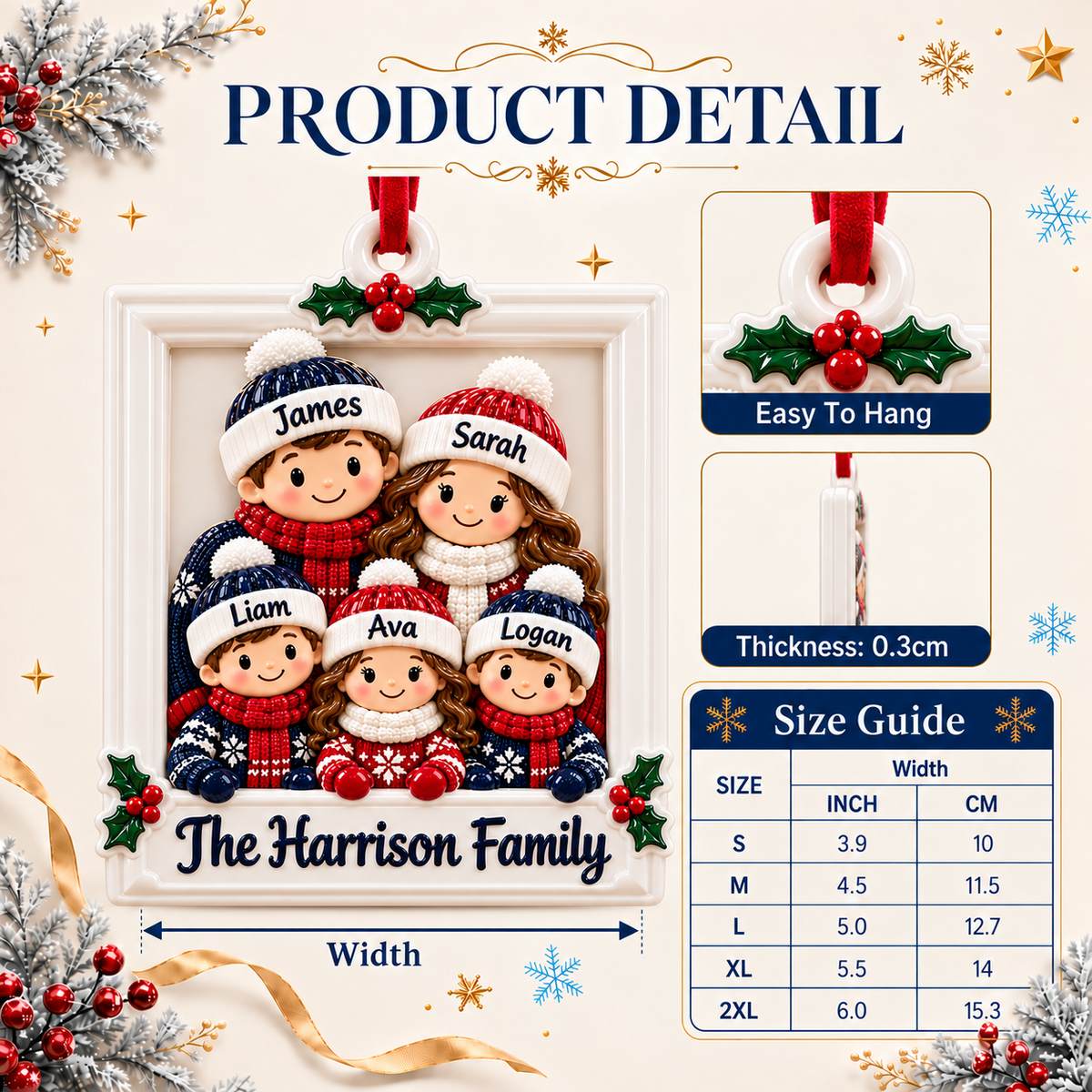 Christmas Family of 7 Winter Beanie Picture Frame Holiday Hanging - 3D Relief Ornament
