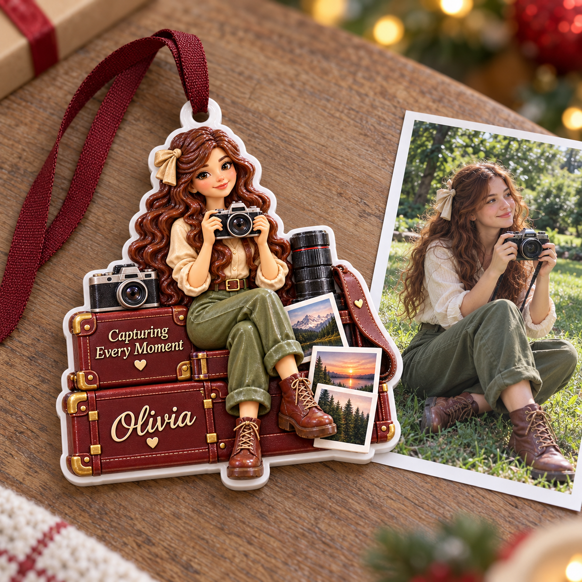 Travel Girl Photographer with Vintage Luggage Acrylic Christmas Hanging Keepsake - 3D Relief Ornament
